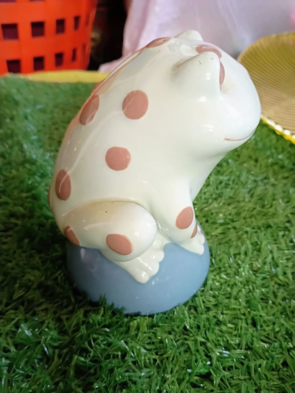 Ceramic Polka Dot Frog Bank - Light Green with Brown Spots